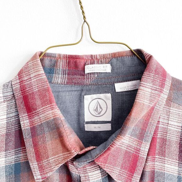 Volcom Mens Plaid Flannel Classic Fit Long Sleeve Button Up Shirt Red Medium - Picture 4 of 8